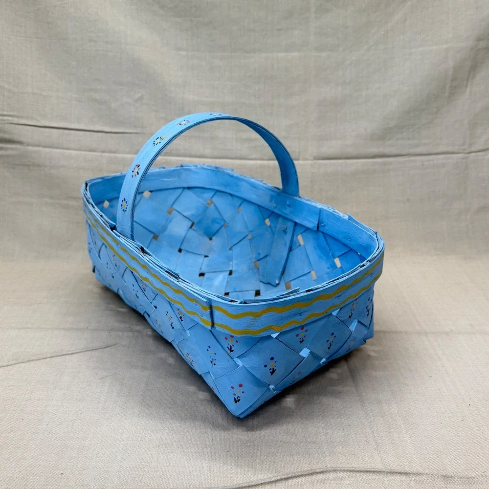 Vintage Blue Hand Painted Basket Cottagecore Storage Easter Gathering Basket